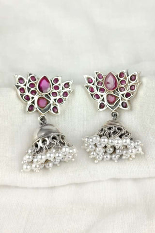 lotus jhumka earrings | oxidised lotus jhumka - Johny Silver