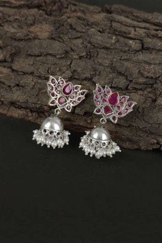 lotus jhumka earrings | oxidised lotus jhumka - Johny Silver