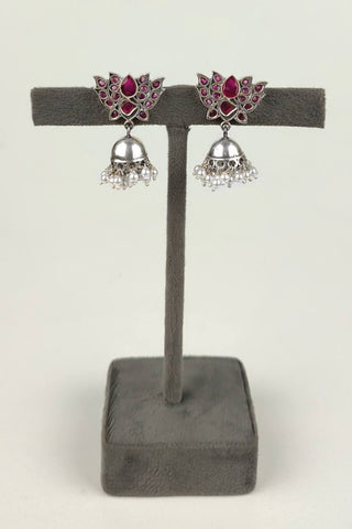 lotus jhumka earrings | oxidised lotus jhumka - Johny Silver