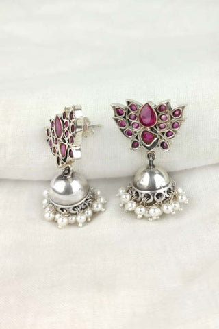 lotus jhumka earrings | oxidised lotus jhumka - Johny Silver