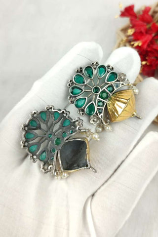 green stone stud earrings || green and black earrings - Johny Silver