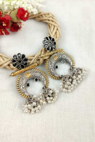 chand bali with jhumka | black flower earrings - Johny Silver