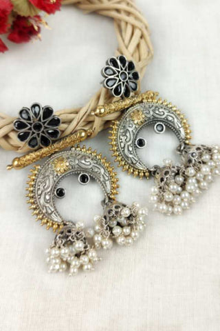 chand bali with jhumka | black flower earrings - Johny Silver