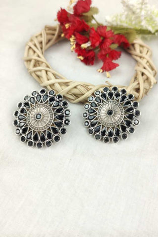 black stone earrings || flower earrings - Johny Silver