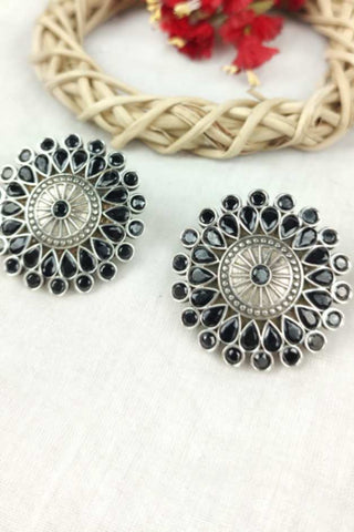 black stone earrings || flower earrings - Johny Silver