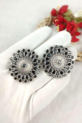 black stone earrings || flower earrings - Johny Silver